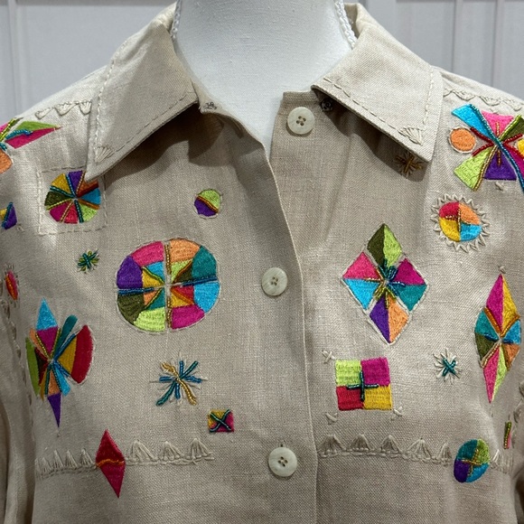 Vintage IB Diffusion Linen Embroidered Beaded Shirt Size 8 - Picture 3 of 4